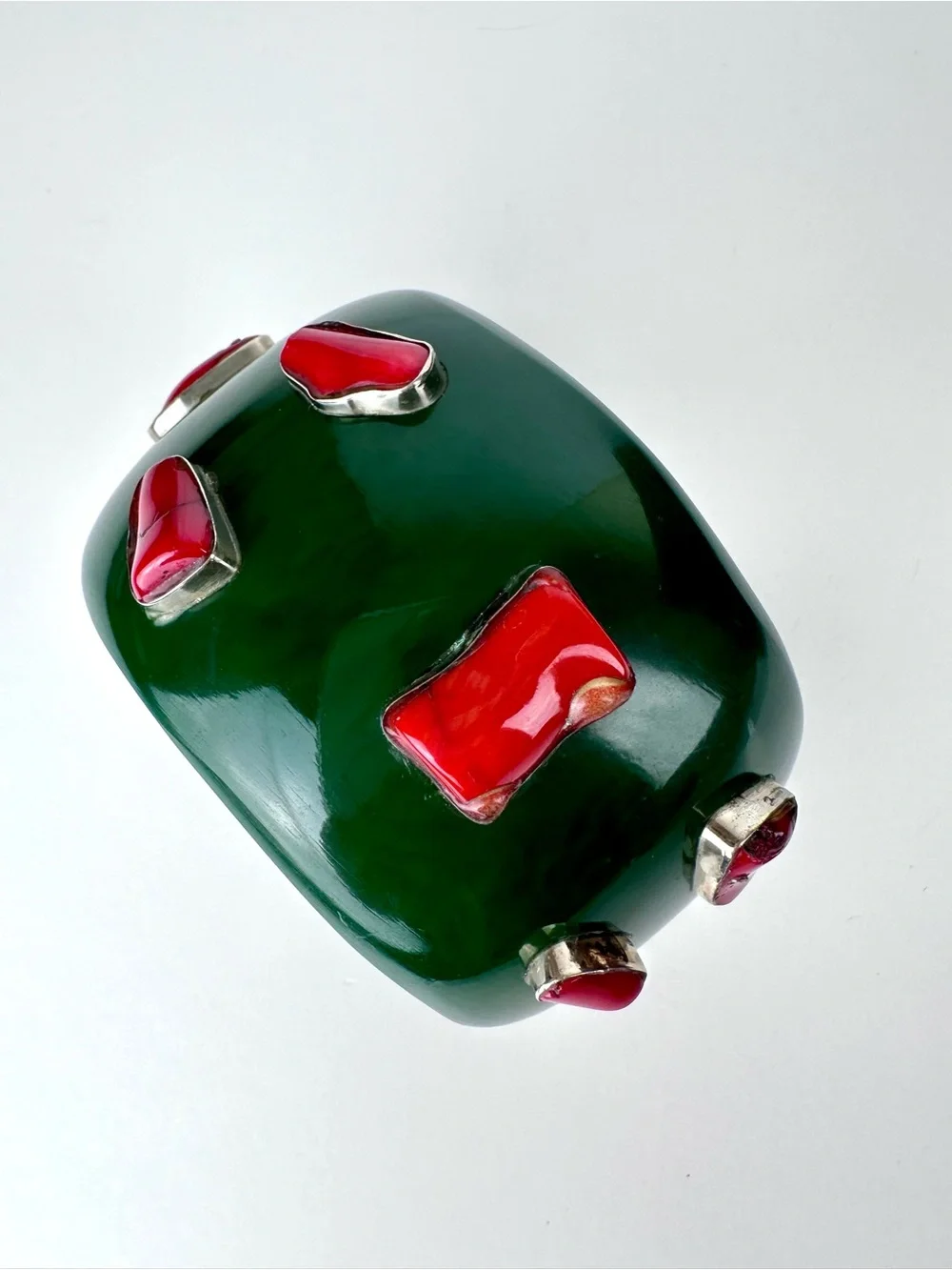 Massive Green Resin & Red Coral Sterling Silver Statement Cuff Bracelet - Picture 5 of 12